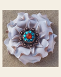 White Gardenia Flower With Copper Fire Opal and Teal 1" Concho on a warm cream background