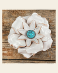 White Gardenia Flower With Round Turquoise Cabochon on a warm cream background