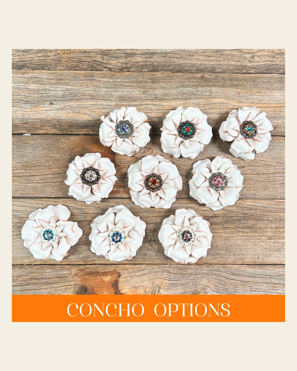White Gardenia Leather Flowers - 1" Crystal Conchos - Options on a warm cream background