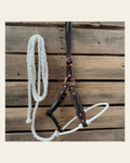 White Honeycomb Tooled Lariat & Leather Combo Halter on a warm cream background
