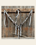 White Leather Copper Clear and Feather Browband/One Ear Tack Set #OEBC482 on a warm cream background