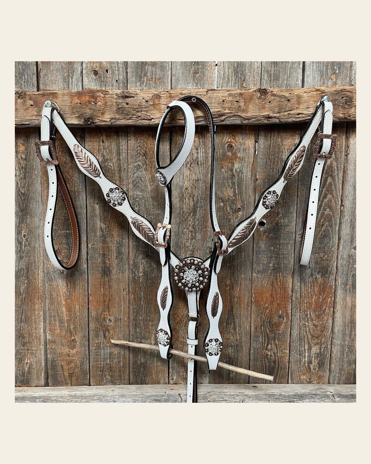 White Leather Copper Clear and Feather Browband/One Ear Tack Set #OEBC482 on a warm cream background