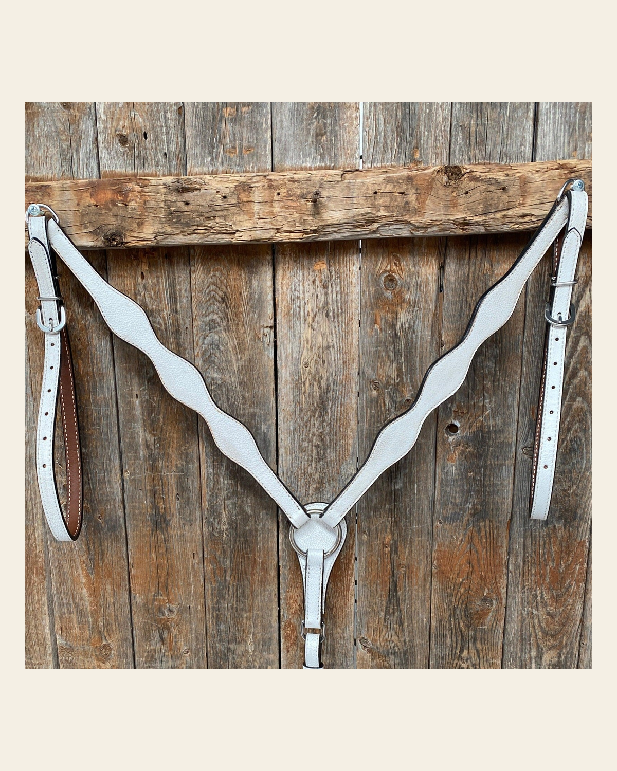 White Genuine Leather Scalloped Breastcollar on a warm cream background