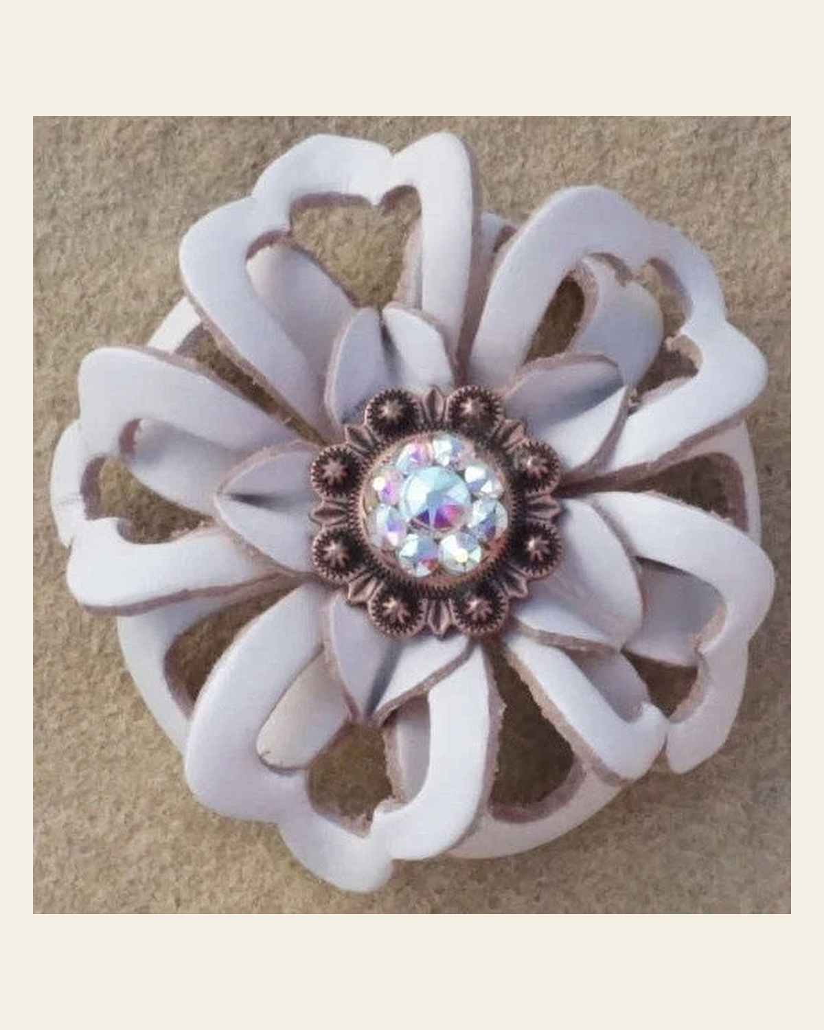 White Lotus Flower With Copper AB 1" Concho on a warm cream background