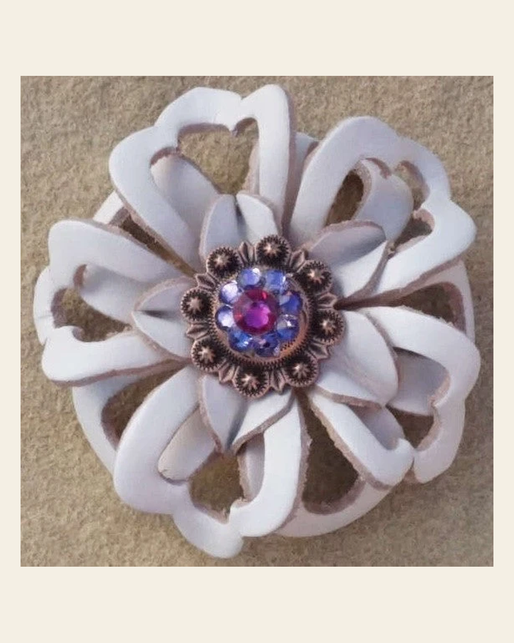 White Lotus Flower With Copper Fuchsia and Lilac 1" Concho on a warm cream background