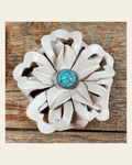 White Lotus Flower With Round Turquoise Cabochon on a warm cream background