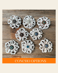 White Lotus Leather Flowers - 1" Crystal Conchos - Options on a warm cream background