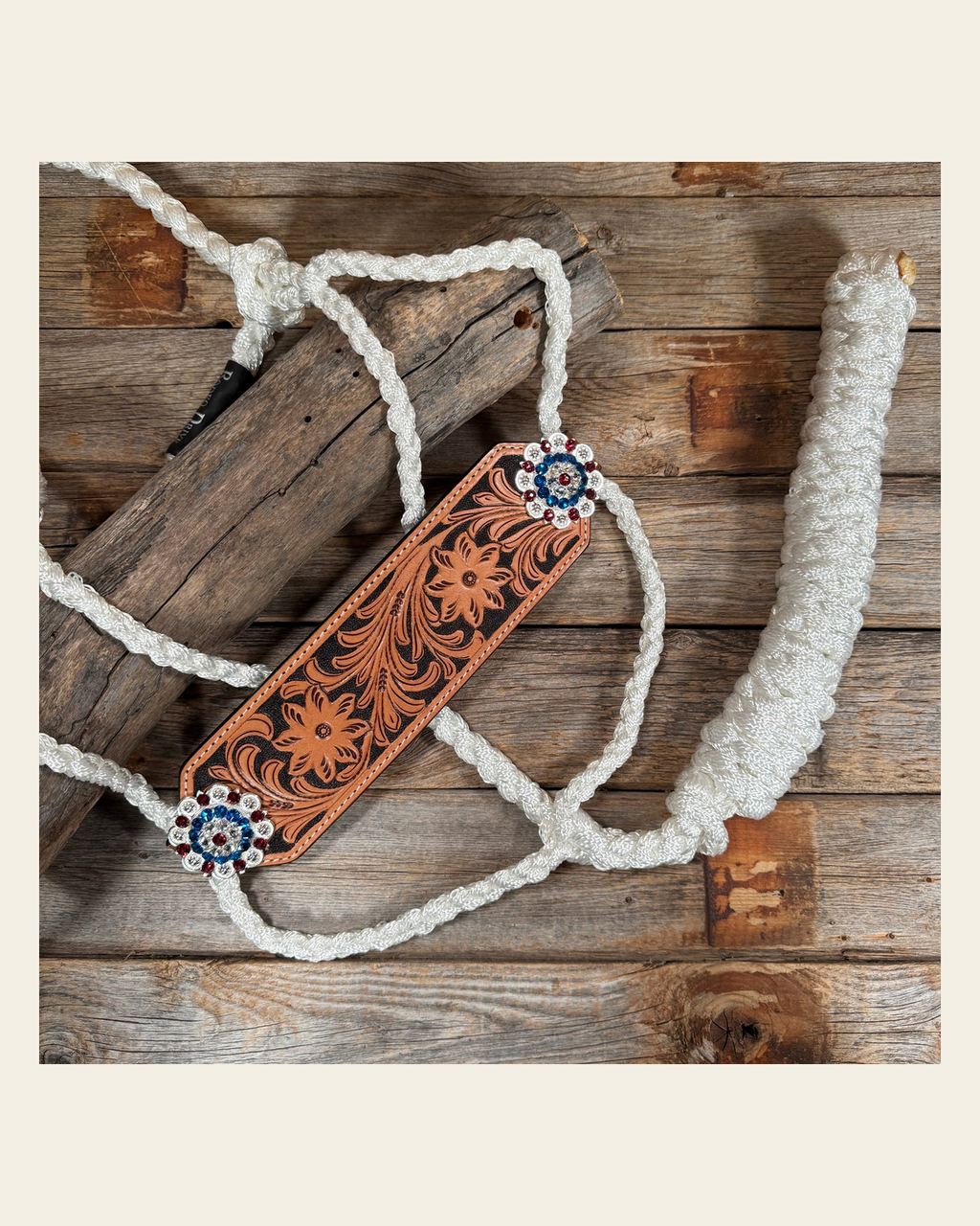 White Mule Tape Halter - Floral USA Style #MT307 on a warm cream background