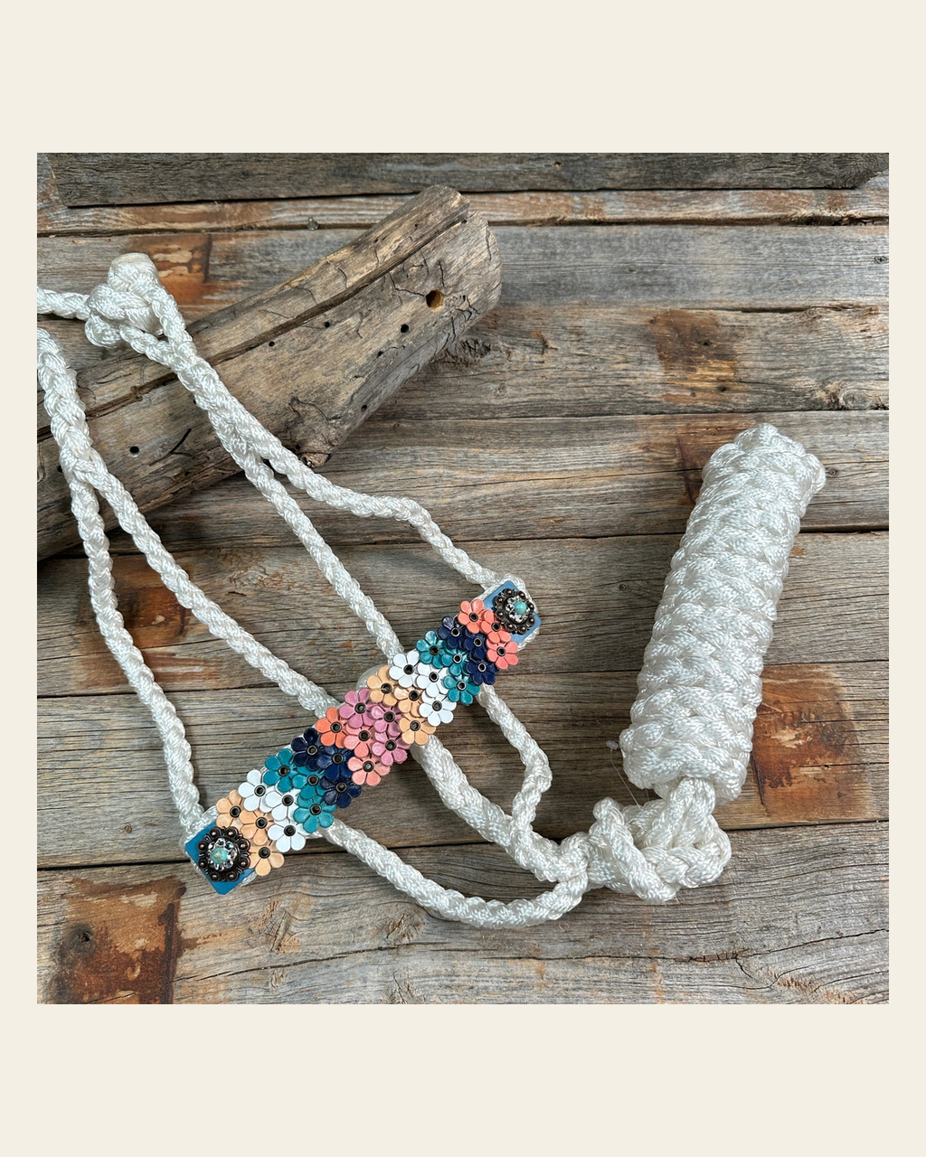 White Mule Tape Halter - Multi Floral and Turquoise #MT231 on a warm cream background