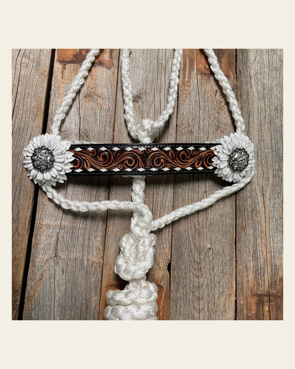 White Mule Tape Halter - White Daisy #MT203 on a warm cream background