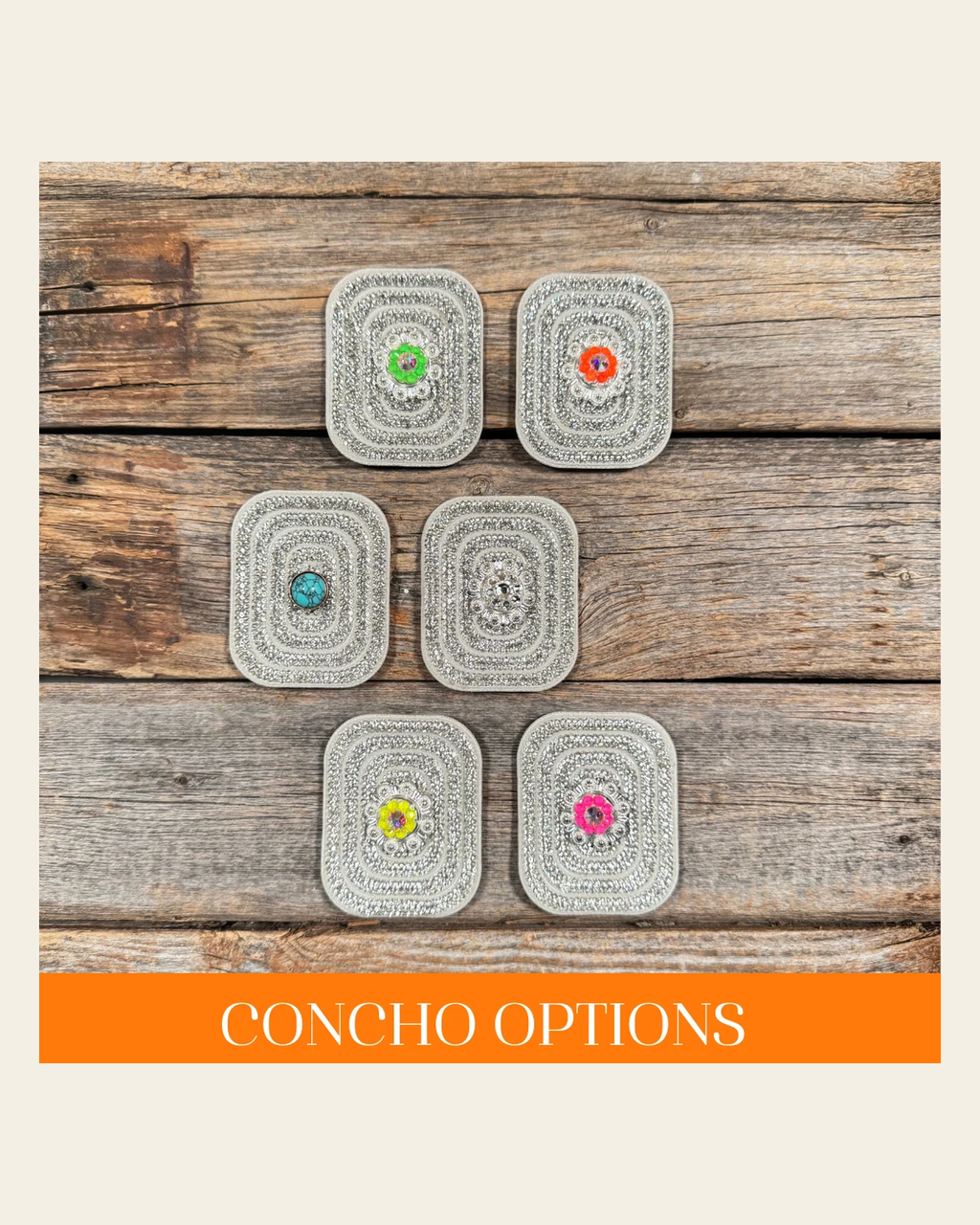 White Rectangle Rhinestone Rosette - Assorted Conchos on a warm cream background