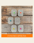 White Rectangle Rhinestone Rosette - Assorted Conchos on a warm cream background