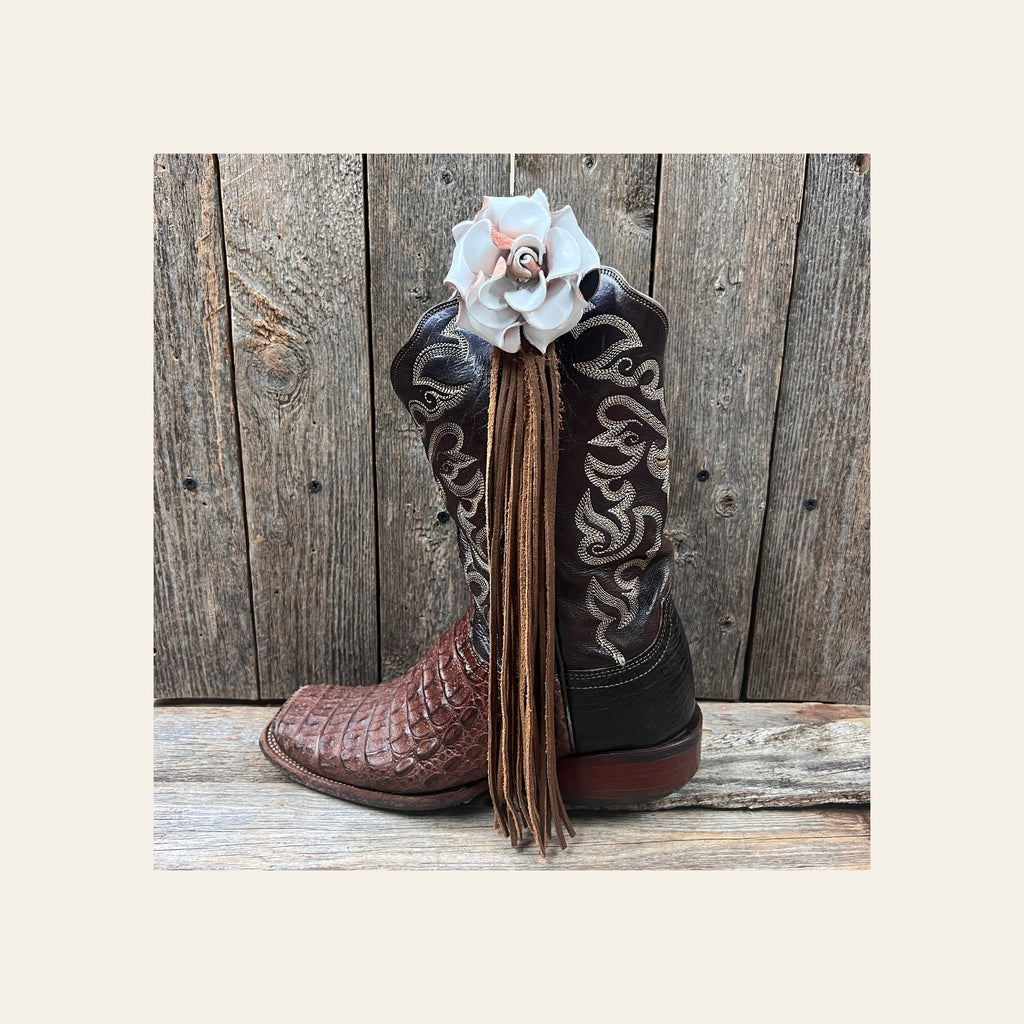 Boot Cuff Jewelry - White Leather Rose - Fringe