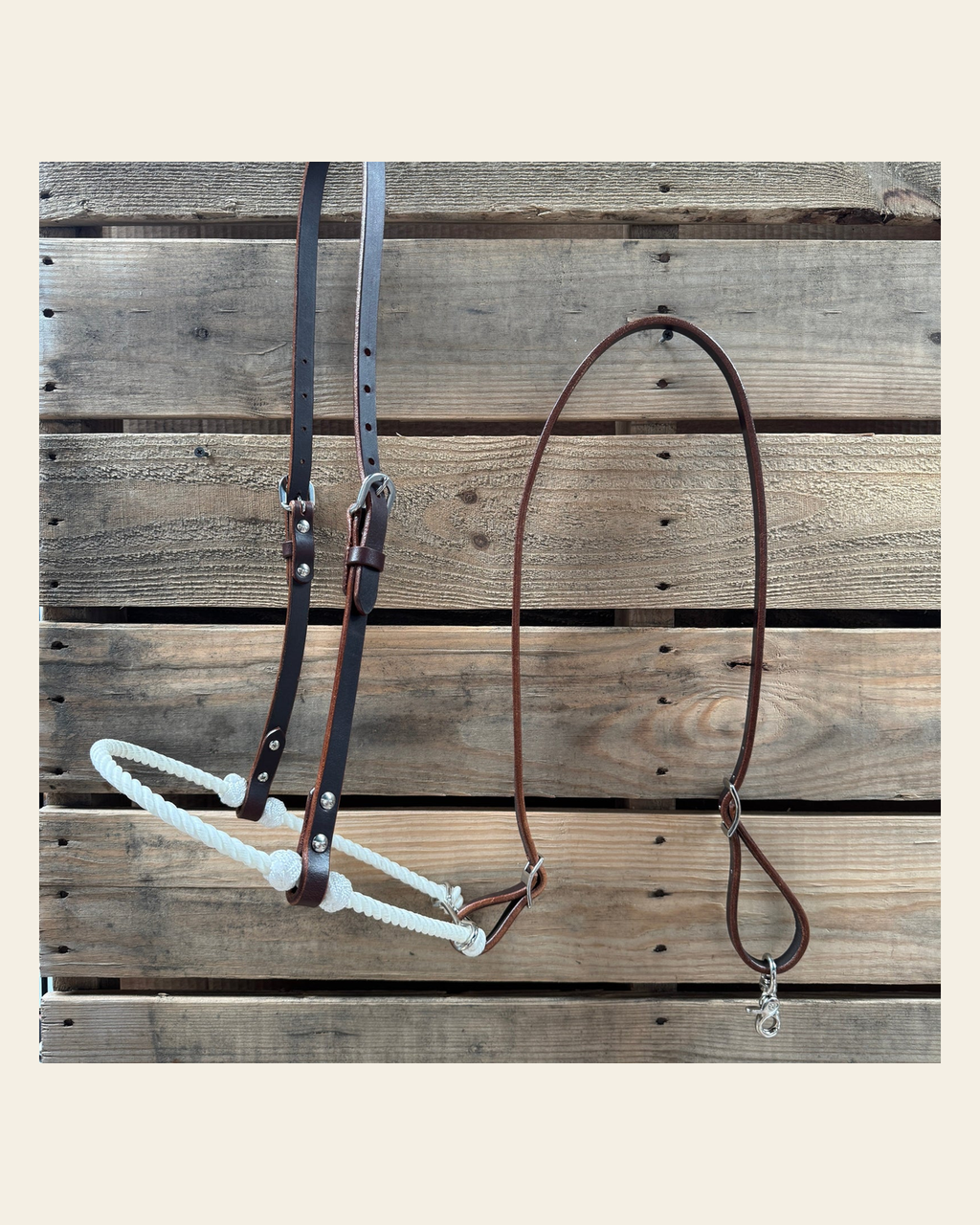 White Single Rope Noseband Lariat with Leather Hanger #HAN106 on a warm cream background