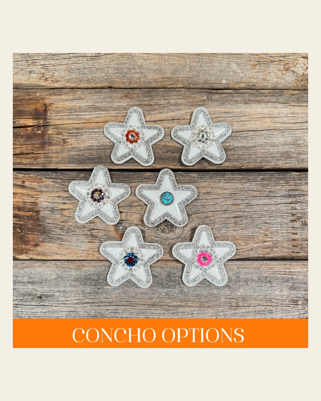 White Small Star Rhinestone Rosette - Assorted Conchos on a warm cream background