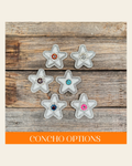 White Small Star Rhinestone Rosette - Assorted Conchos on a warm cream background
