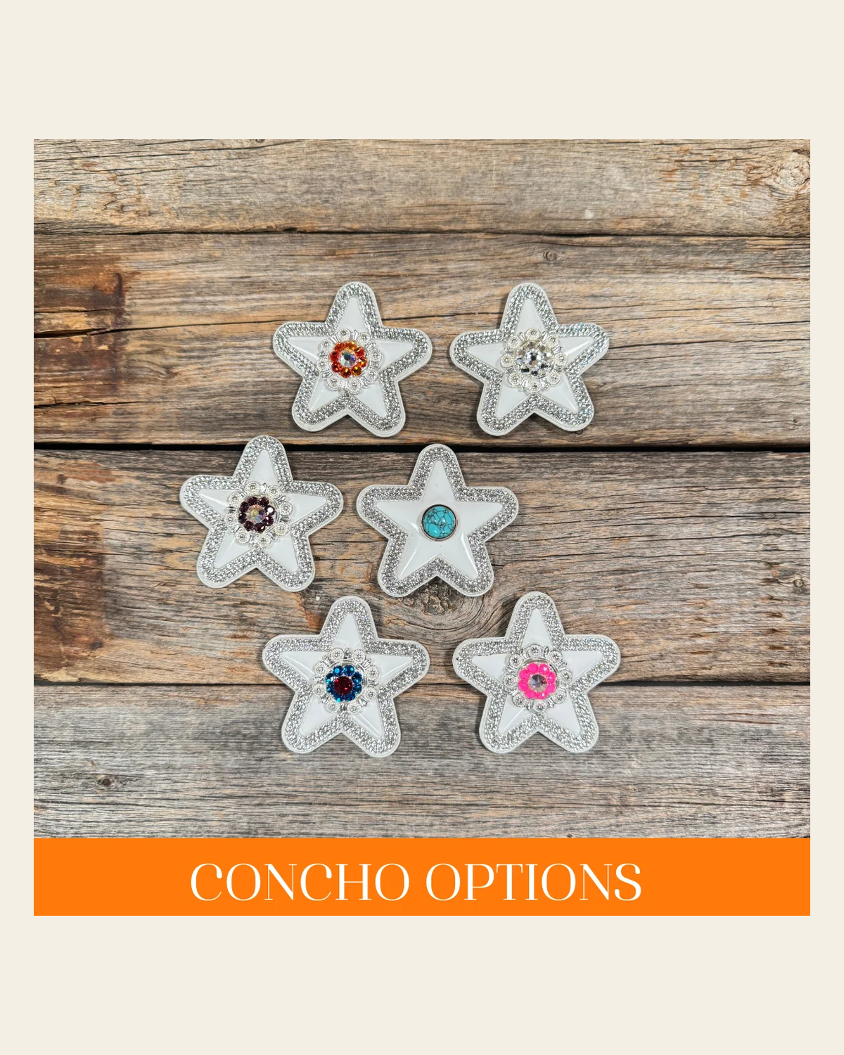 White Small Star Rhinestone Rosette - Assorted Conchos on a warm cream background