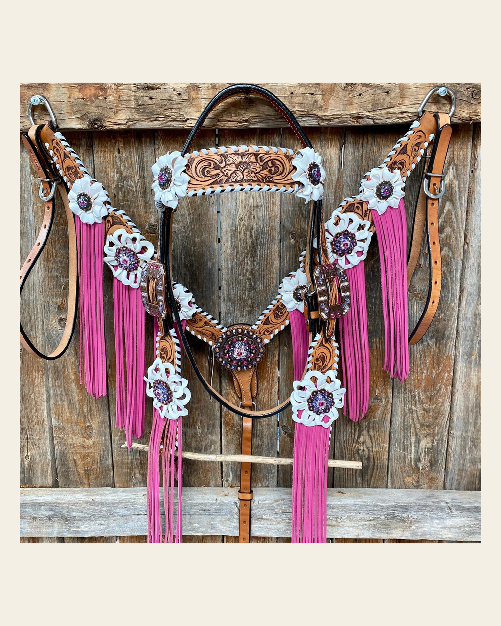 White Whipstitch Pink and White Browband/One Ear & Breastcollar Tack Set #BBBC426 on a warm cream background