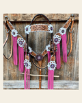 White Whipstitch Pink and White Browband/One Ear & Breastcollar Tack Set #BBBC426 on a warm cream background