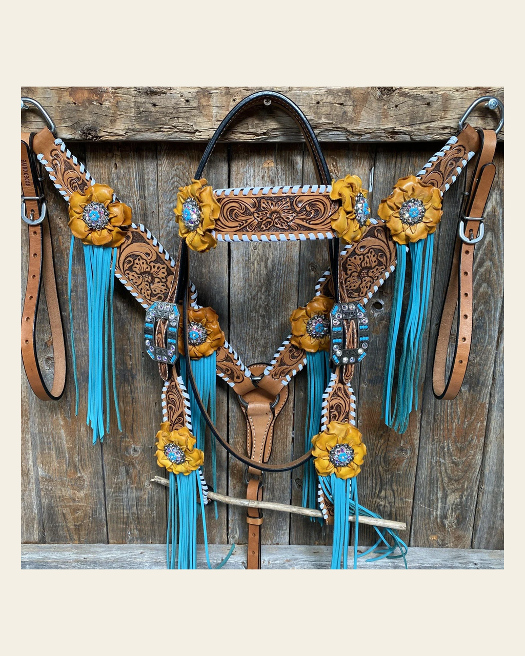 Yellow and Turquoise Browband/One Ear Headstall & Breastcollar Tack Set #OEBC411 on a warm cream background