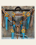 Yellow and Turquoise Browband/One Ear Headstall & Breastcollar Tack Set #OEBC411 on a warm cream background