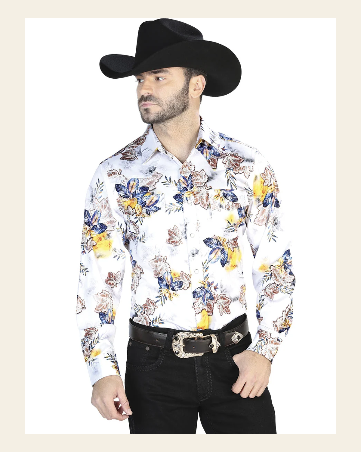 White With Flower Print Casual Long Sleeve Shirt 44097 on a warm cream background