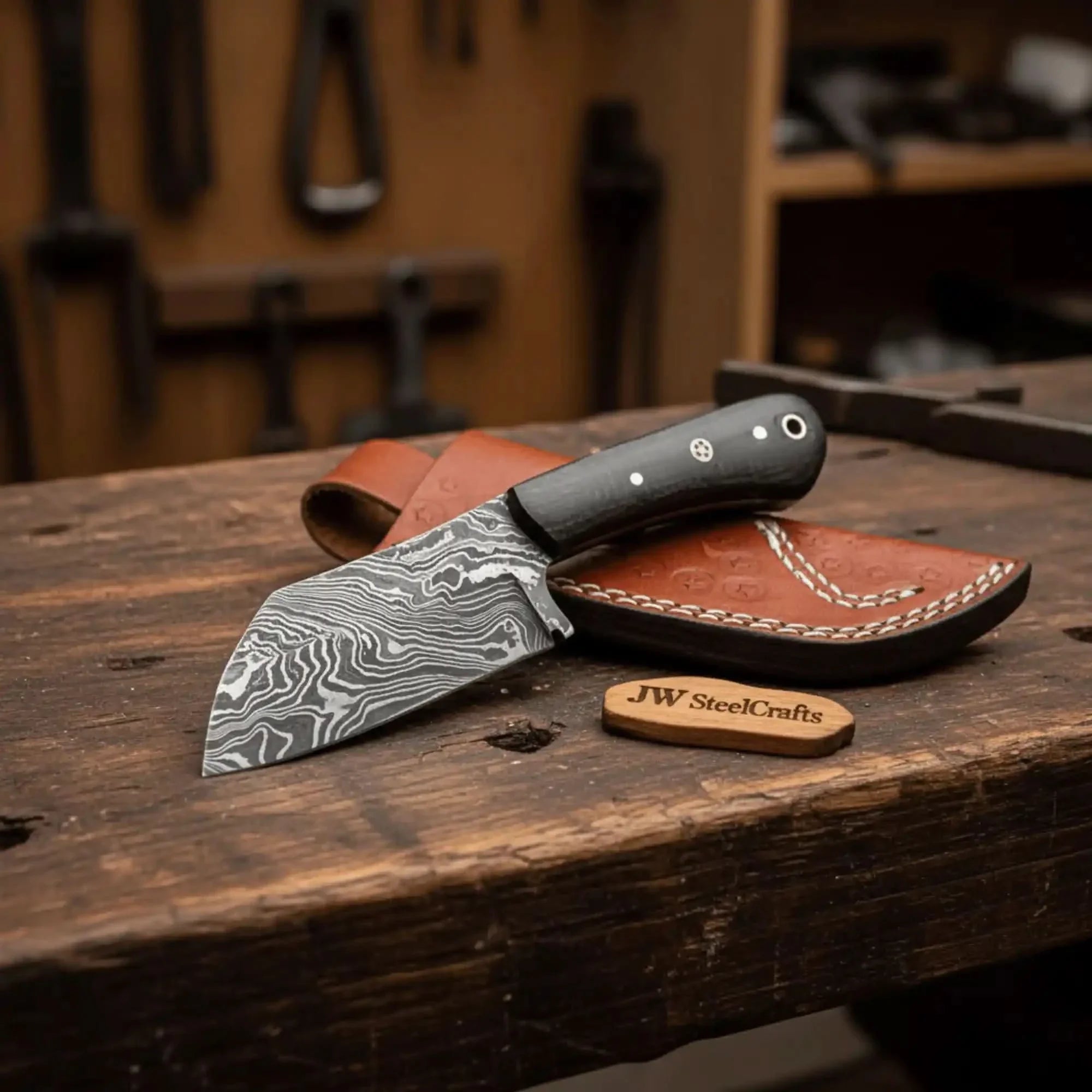 3" Blade Forged Damascus Skinning Knife — Black Micarta Handle & Leather Sheath | JW SteelCrafts