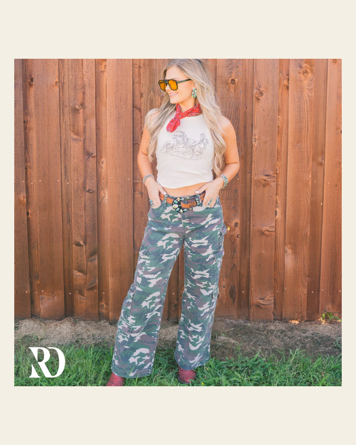 Wide Leg Camo Cargo | Pants on a warm cream background