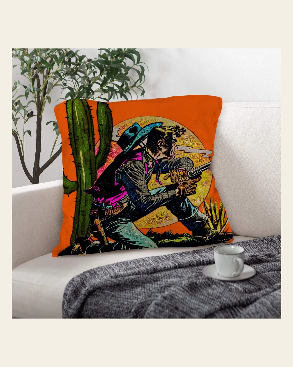 Wild West Cowboy Throw Pillow Case Made in America on a warm cream background
