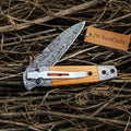 Damascus Steel Folding Knife with Olive Wood Handle