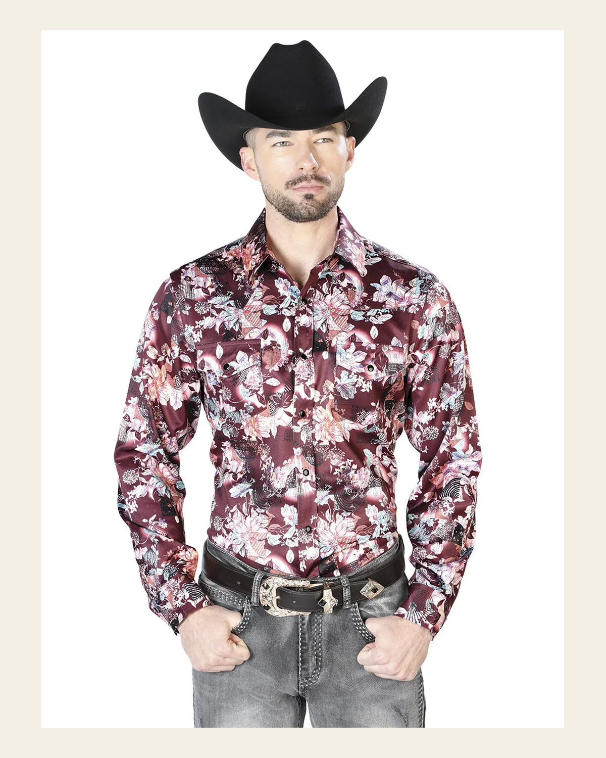 Wine And Beige Flower Print Casual Long Sleeve Shirt 43936 on a warm cream background