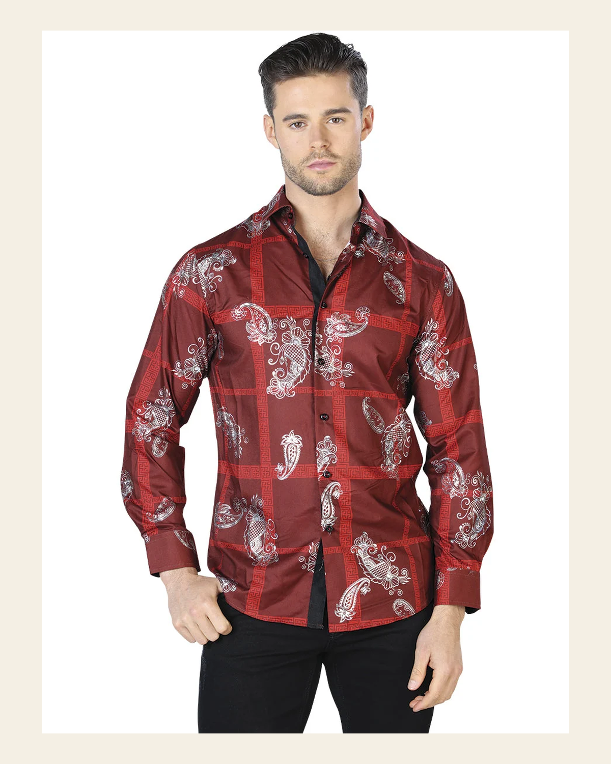 Wine And Silver Casual Long Sleeve Shirt 44027 on a warm cream background