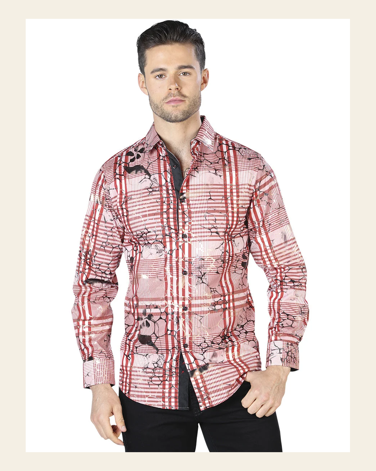 Wine Black Casual Long Sleeve Shirt 44059 on a warm cream background