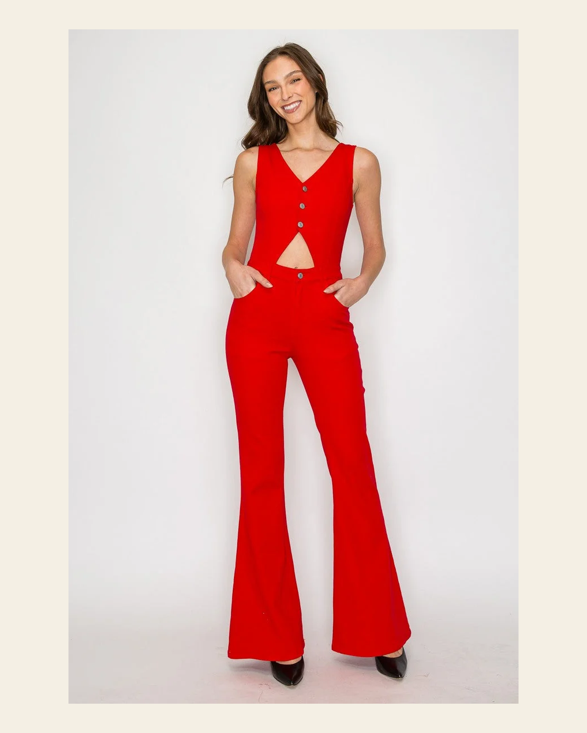 Wisteria Red Denim | Jumpsuit on a warm cream background