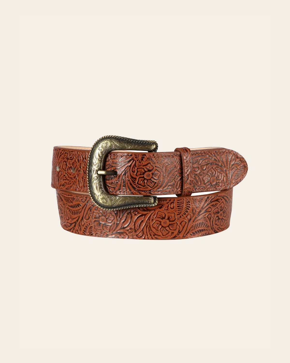 Women Denim Belt - El General - Chiseled - Cognac 44637 on a warm cream background