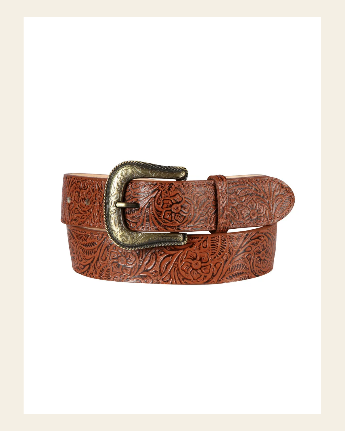 Women Denim Belt - El General - Chiseled - Cognac 44637 on a warm cream background