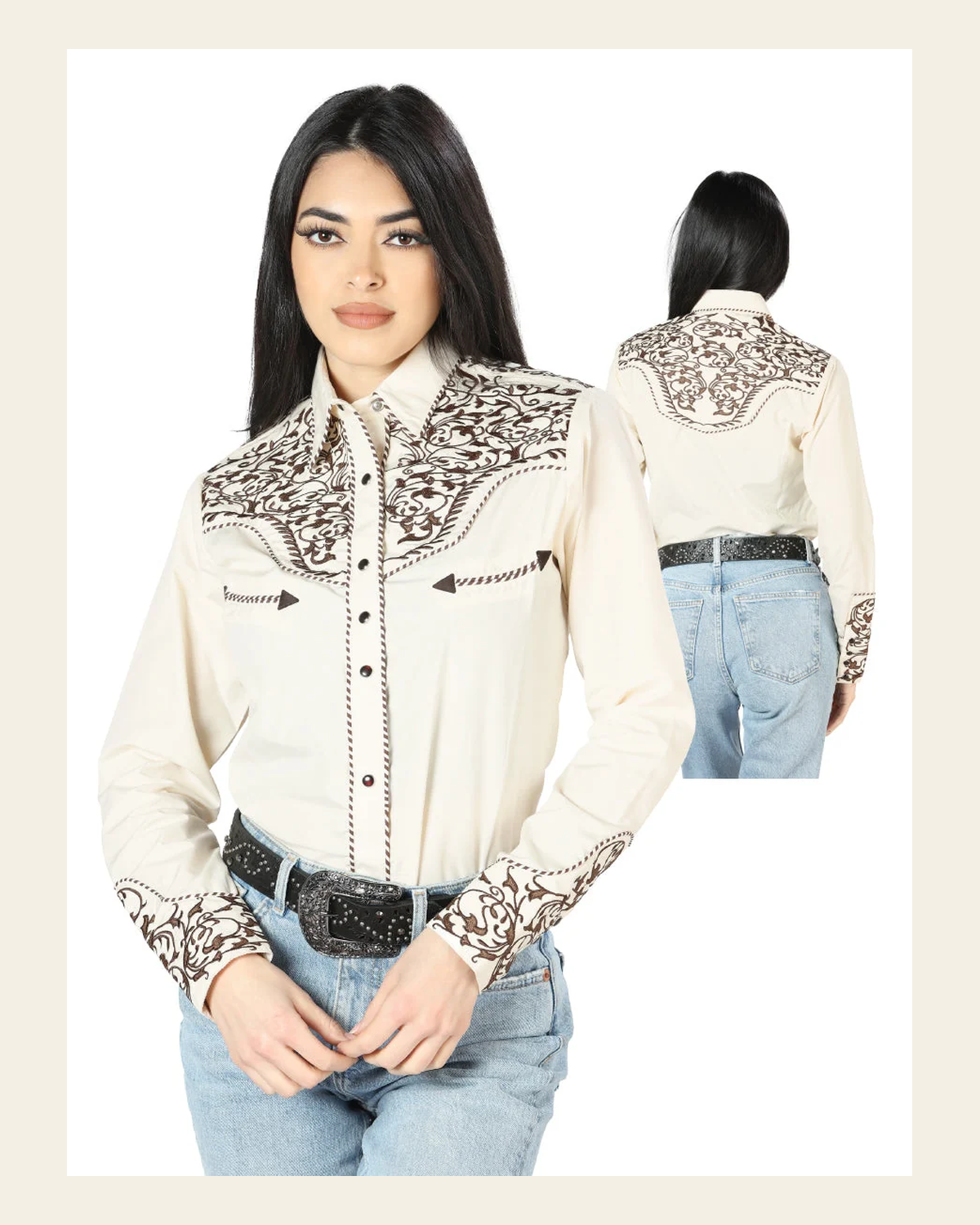 Women's Traditional Embroidered Western Shirt - Beige 44191 on a warm cream background