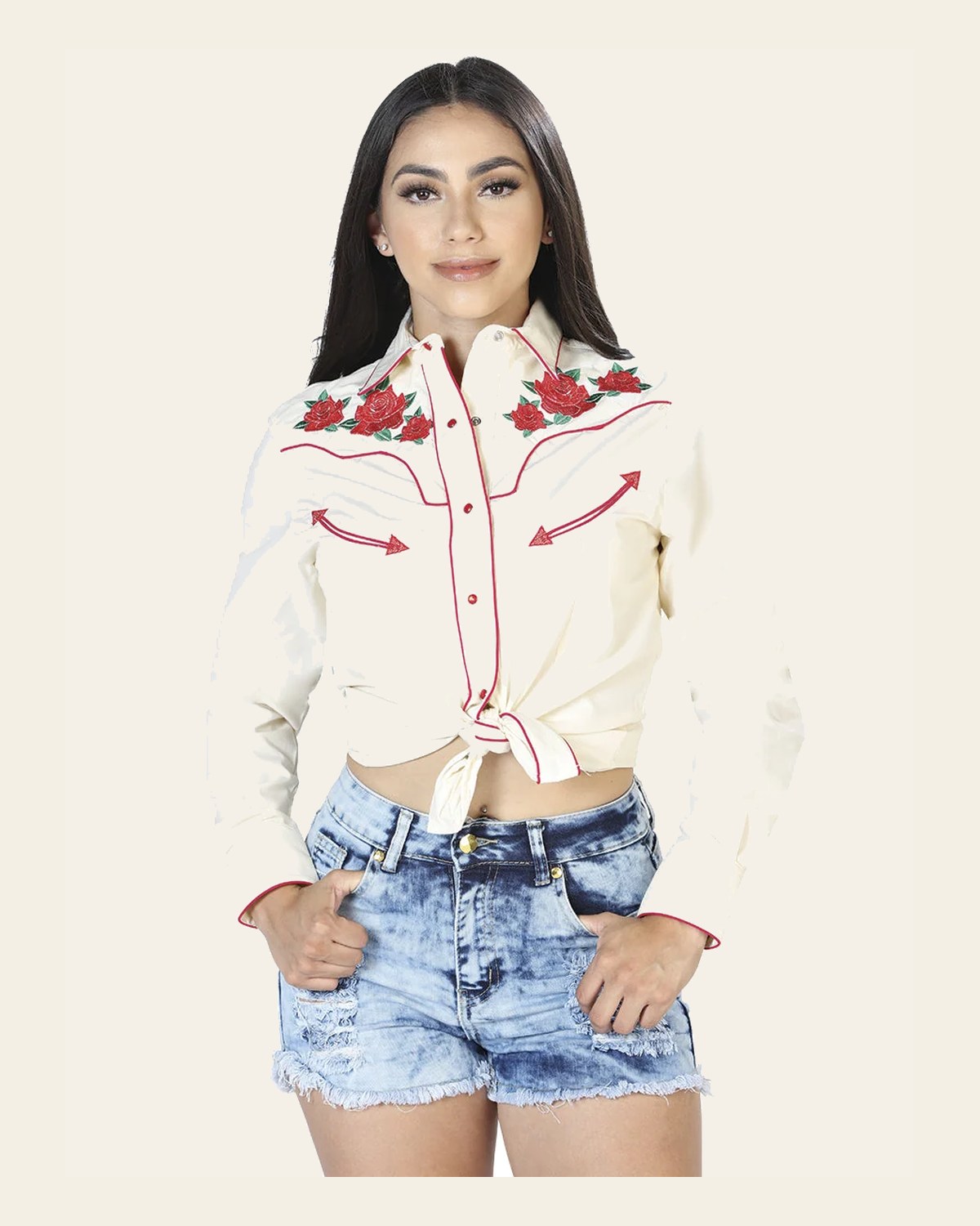 Women's Traditional Embroidered Western Shirt - Beige/Red Floral 42962 on a warm cream background