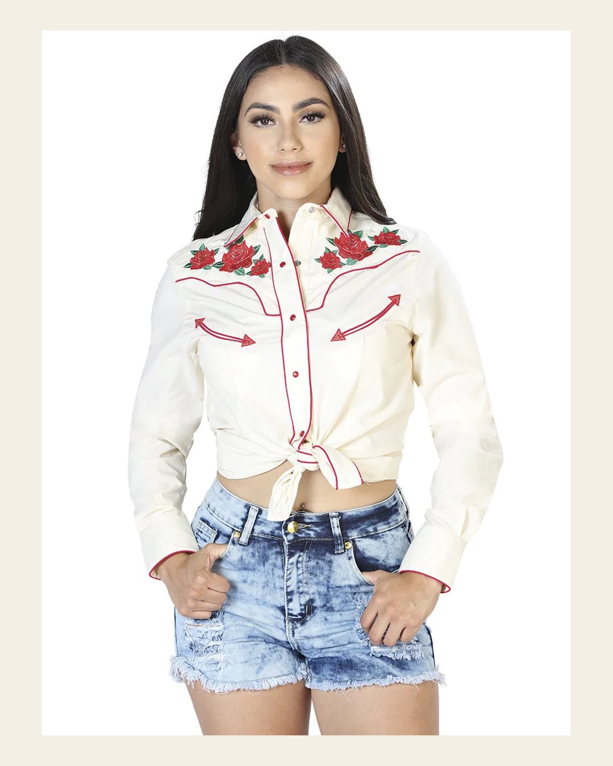 Women's Traditional Embroidered Western Shirt - Beige/Red Floral 42962 on a warm cream background