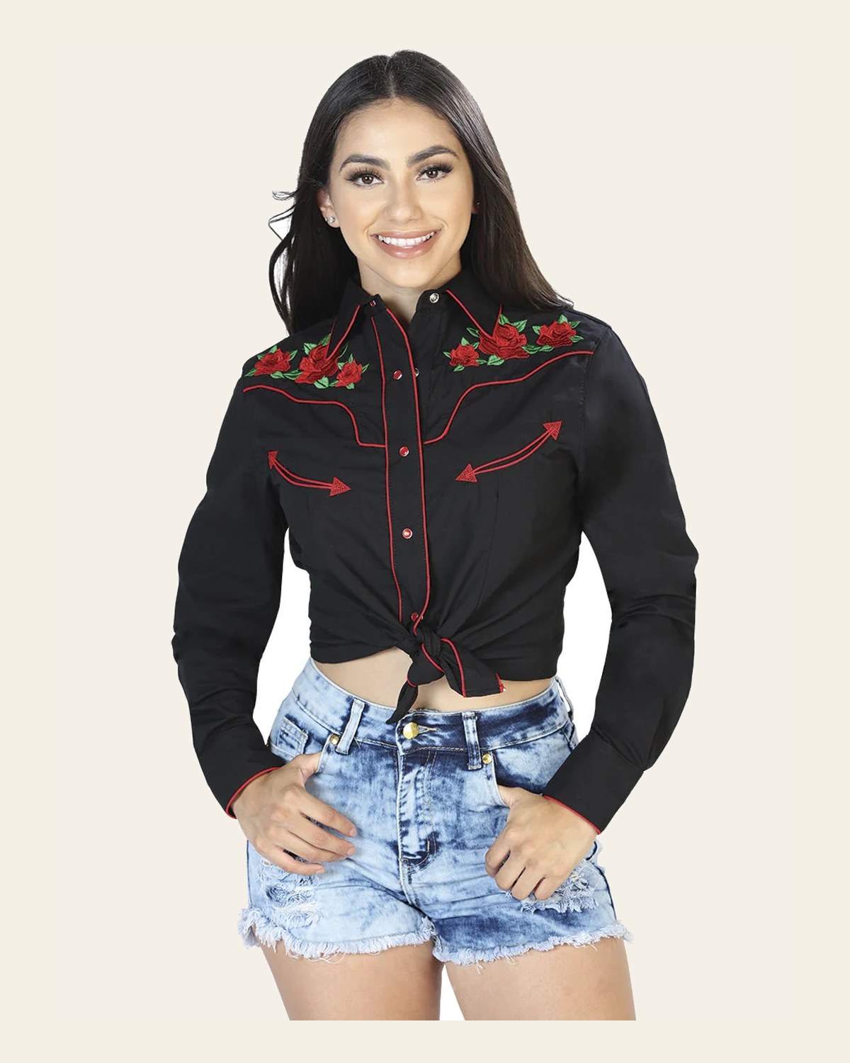 Women's Traditional Embroidered Western Shirt - Black/Red Floral 42961 on a warm cream background