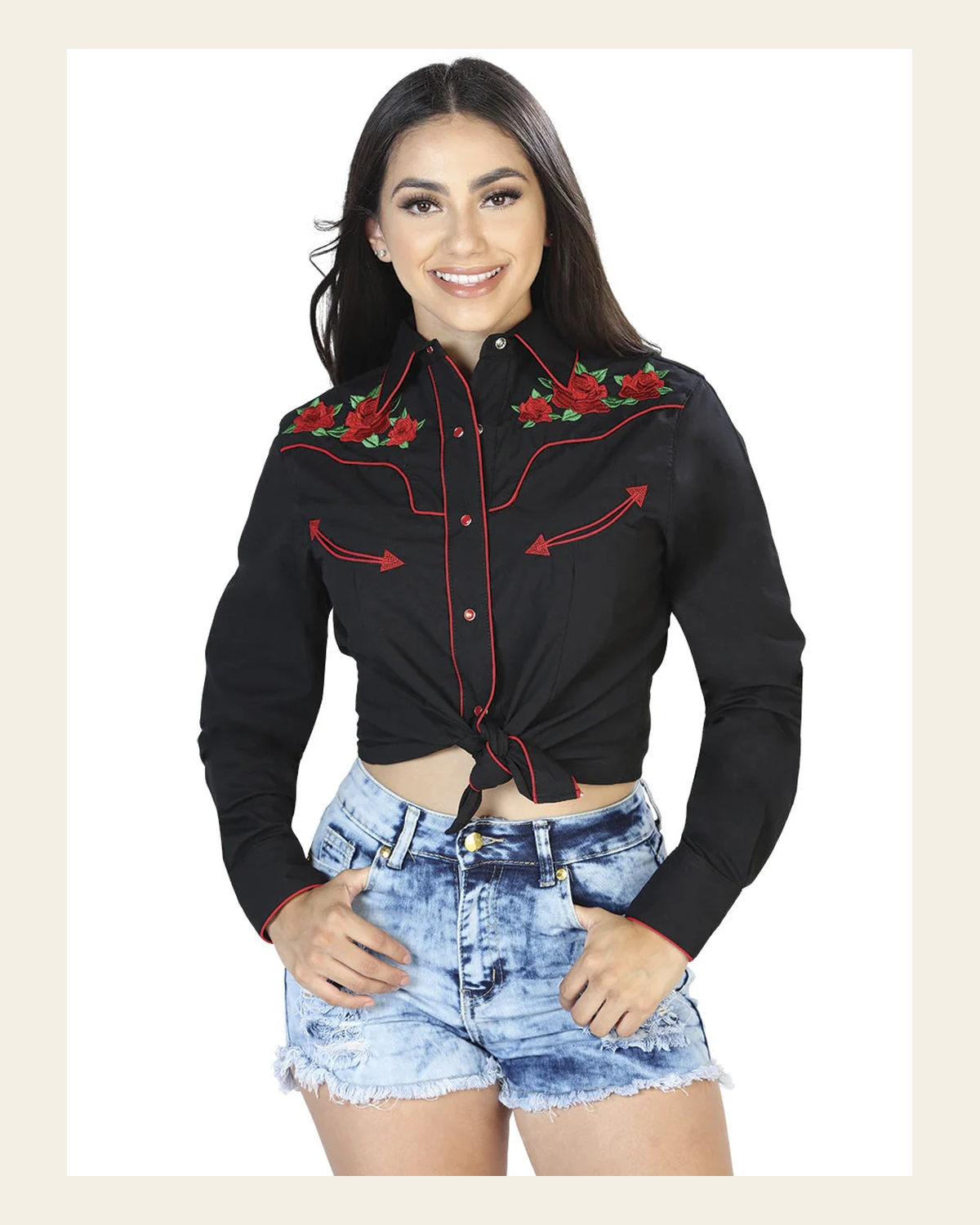 Women's Traditional Embroidered Western Shirt - Black/Red Floral 42961 on a warm cream background