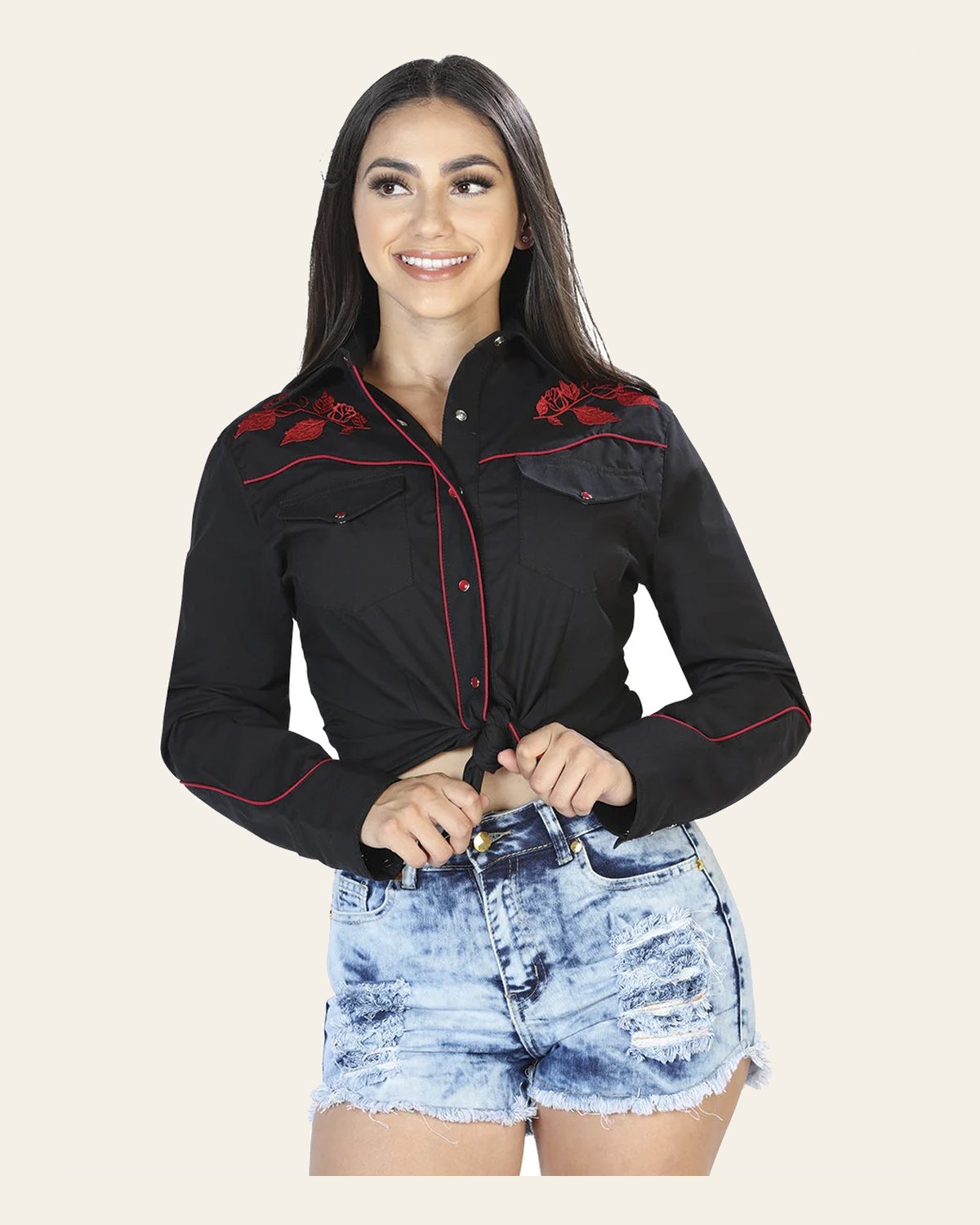 Women's Traditional Embroidered Western Shirt - Black/Red Floral 42967 on a warm cream background