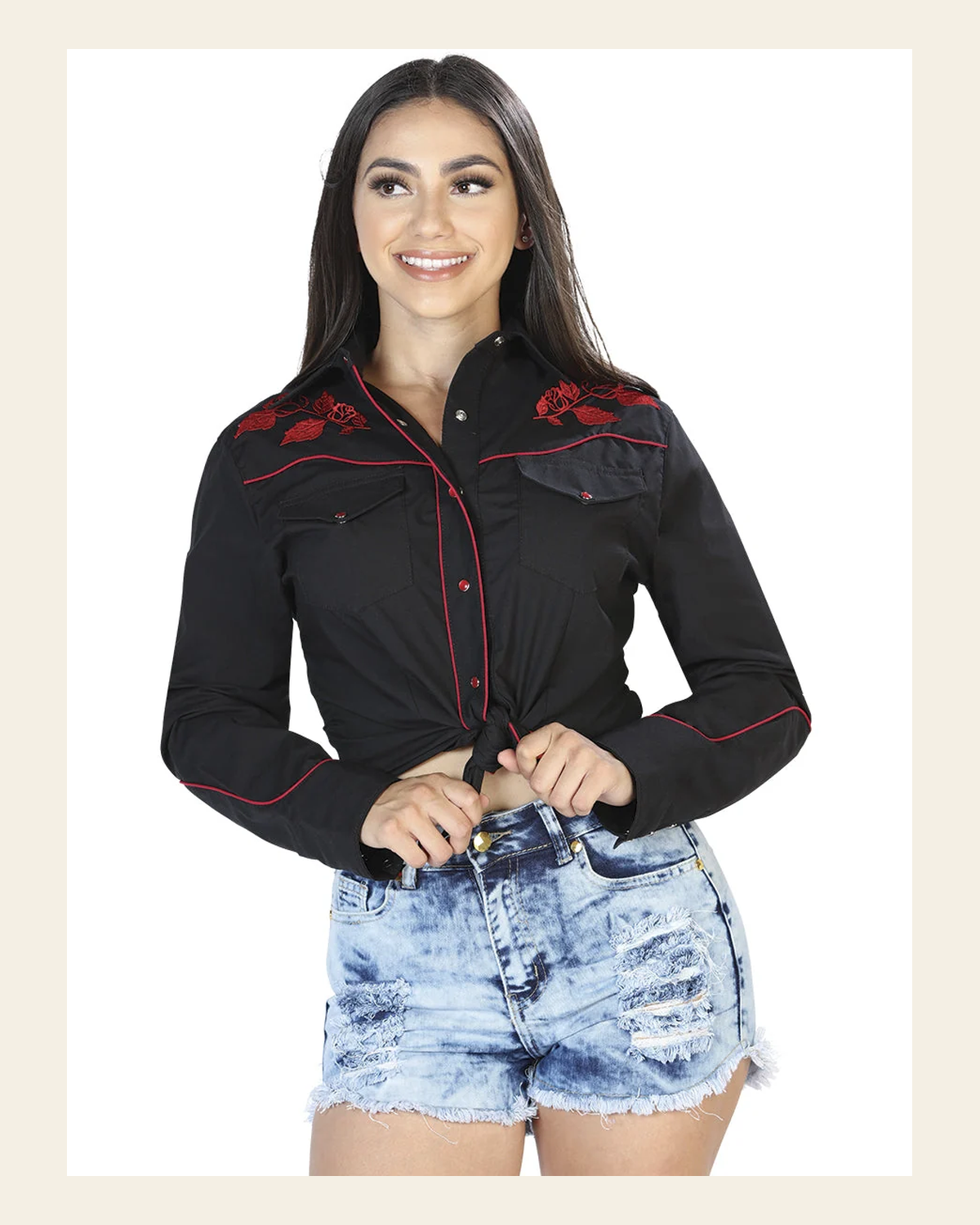 Women's Traditional Embroidered Western Shirt - Black/Red Floral 42967 on a warm cream background
