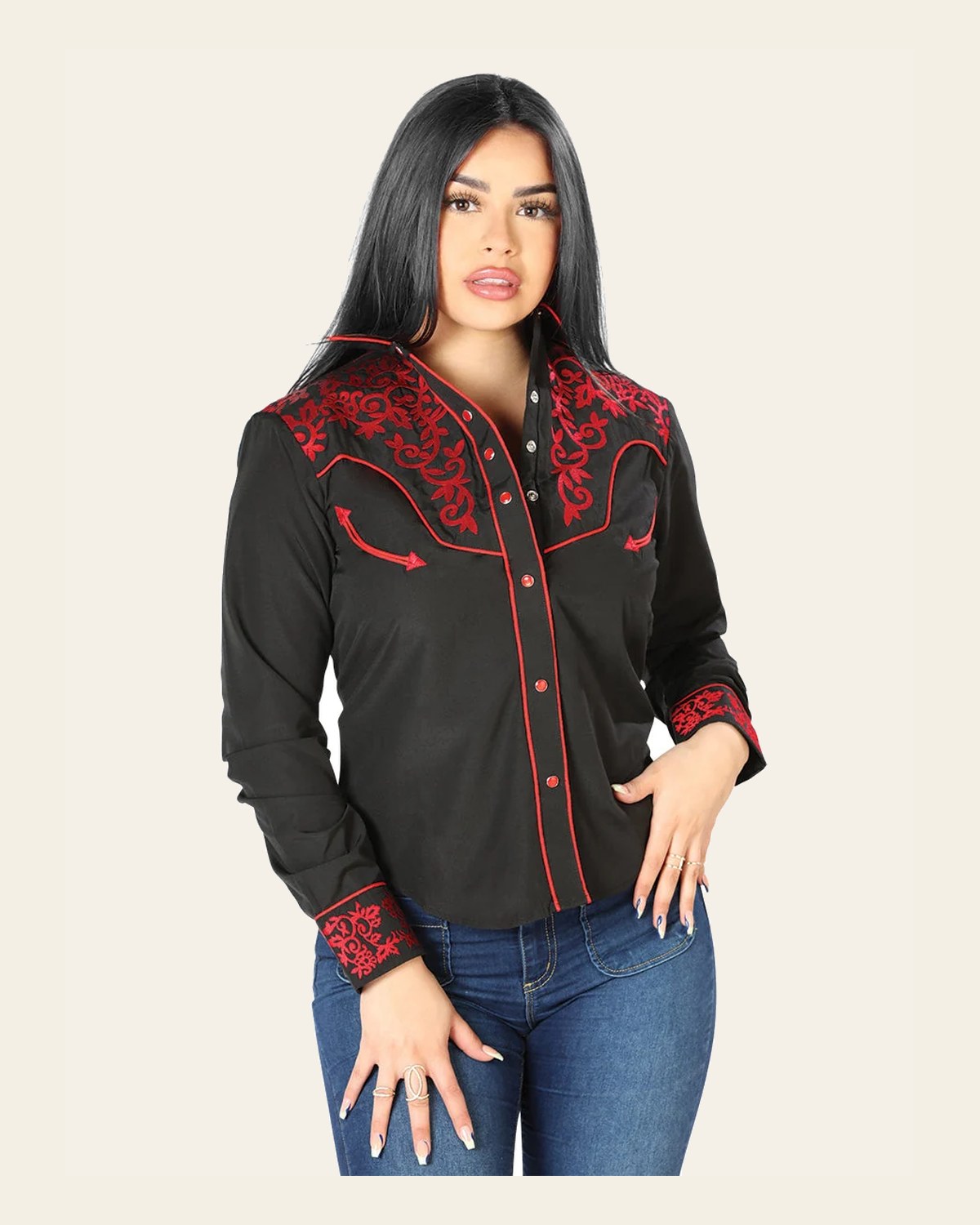 Womens Black Embroidered Western-style Blouse 126668 on a warm cream background