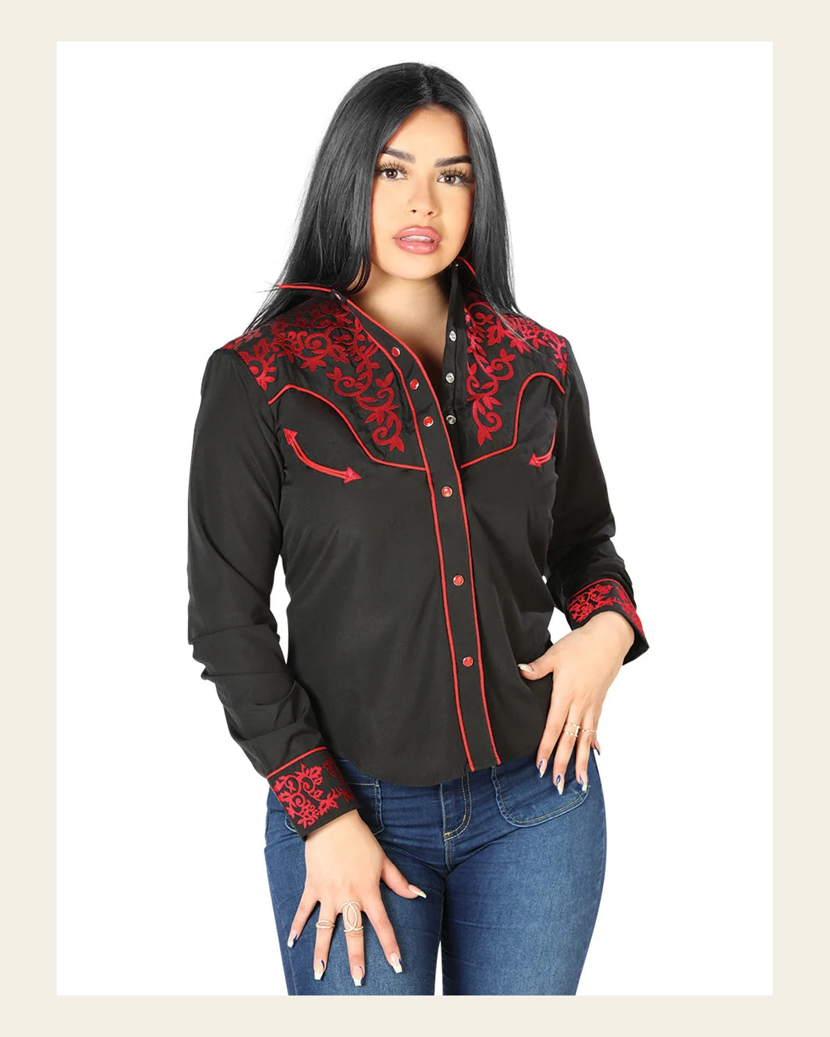 Womens Black Embroidered Western-style Blouse 126668 on a warm cream background