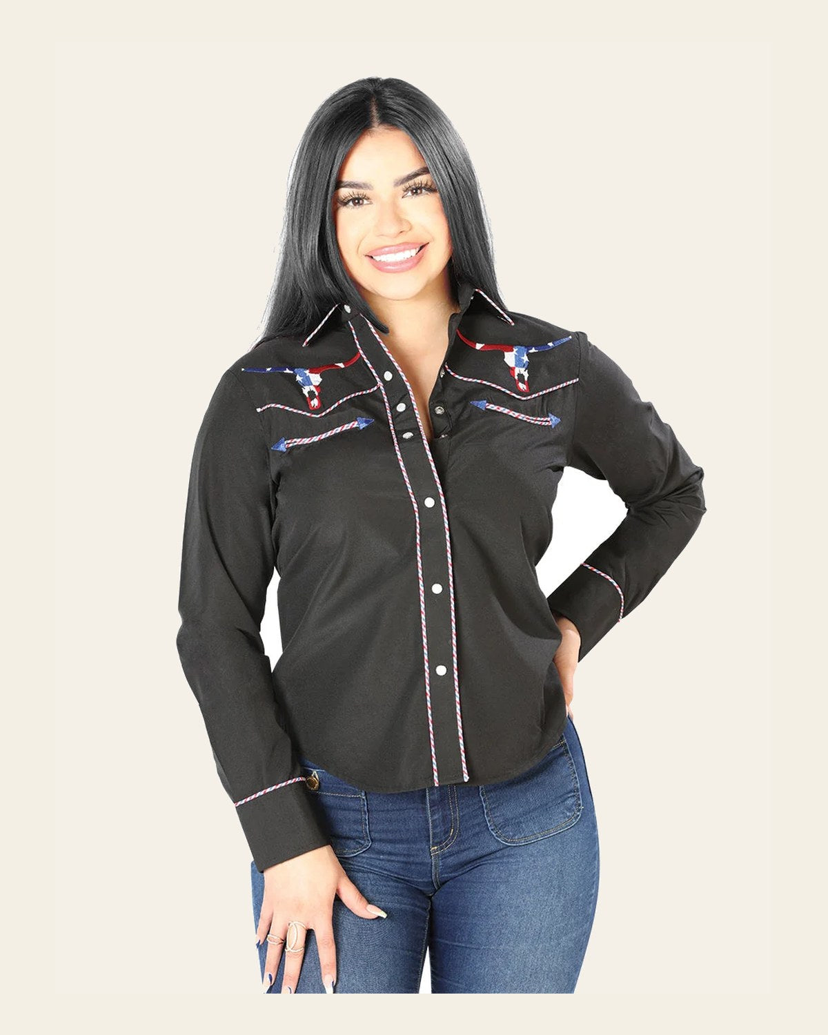 Womens Black Embroidered Western-style Blouse 126680 on a warm cream background