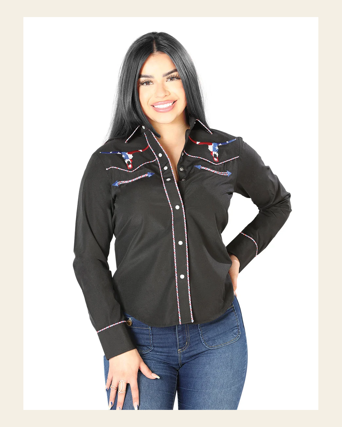 Womens Black Embroidered Western-style Blouse 126680 on a warm cream background