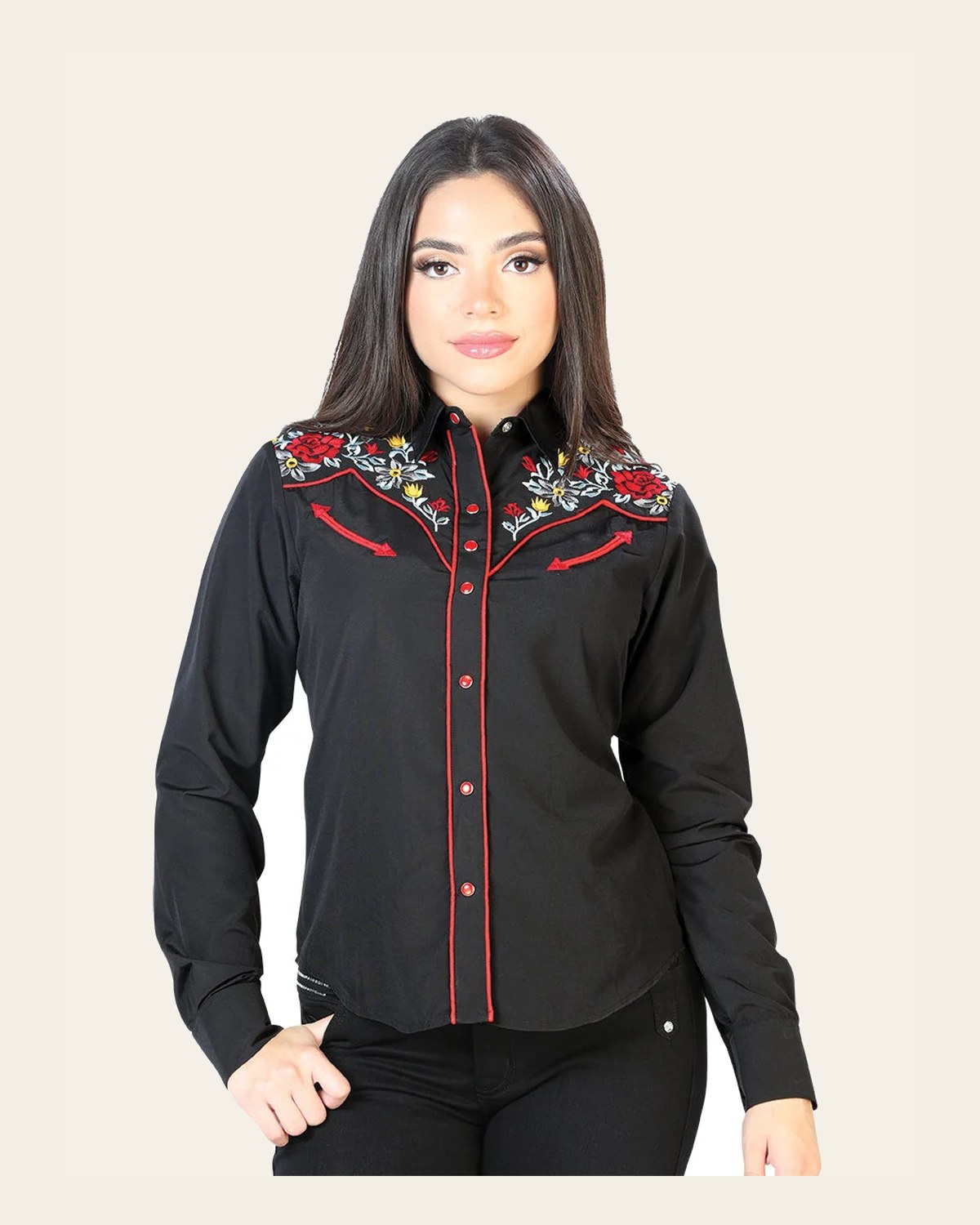 Womens Black Embroidered Western-style Blouse 126685 on a warm cream background