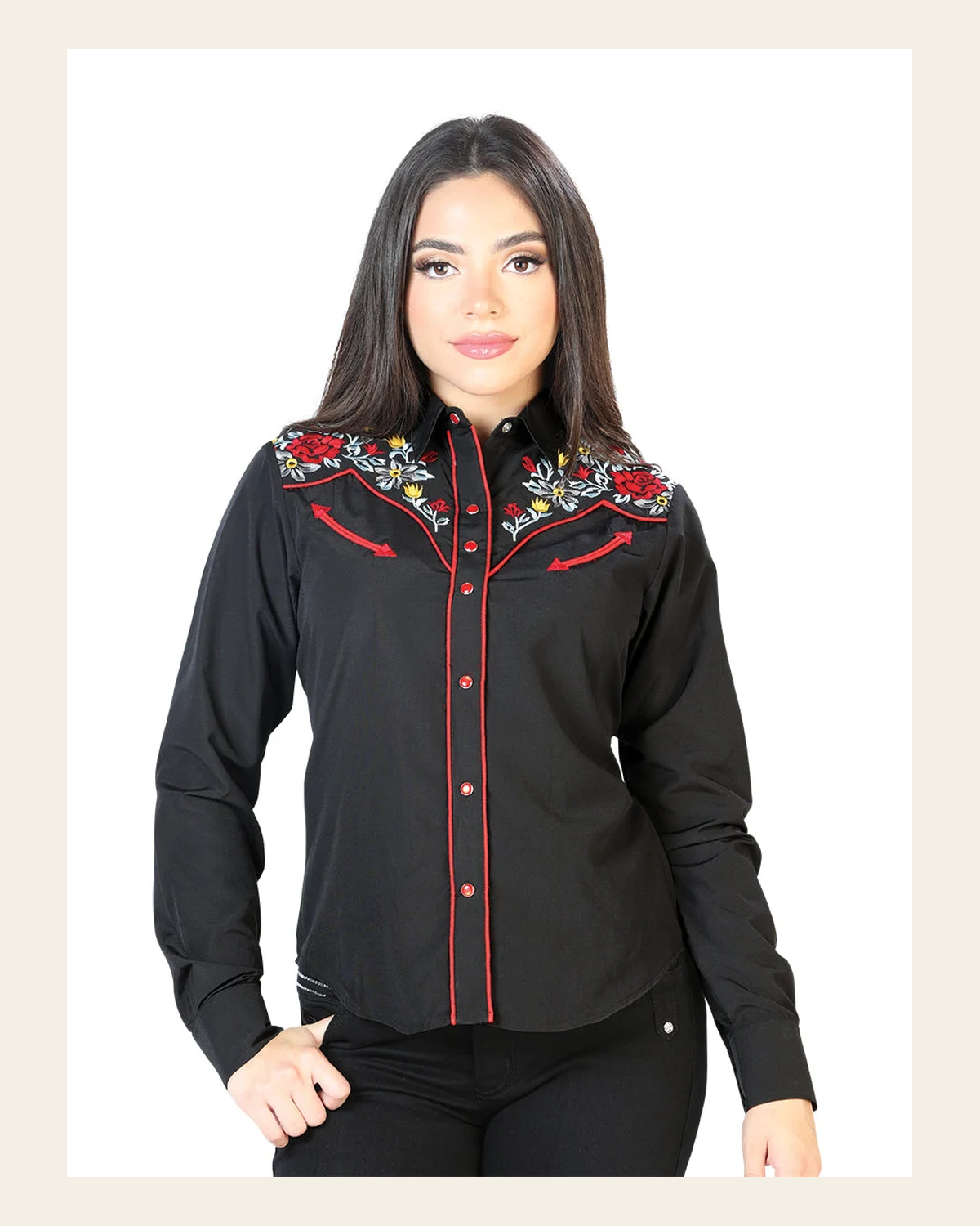 Womens Black Embroidered Western-style Blouse 126685 on a warm cream background