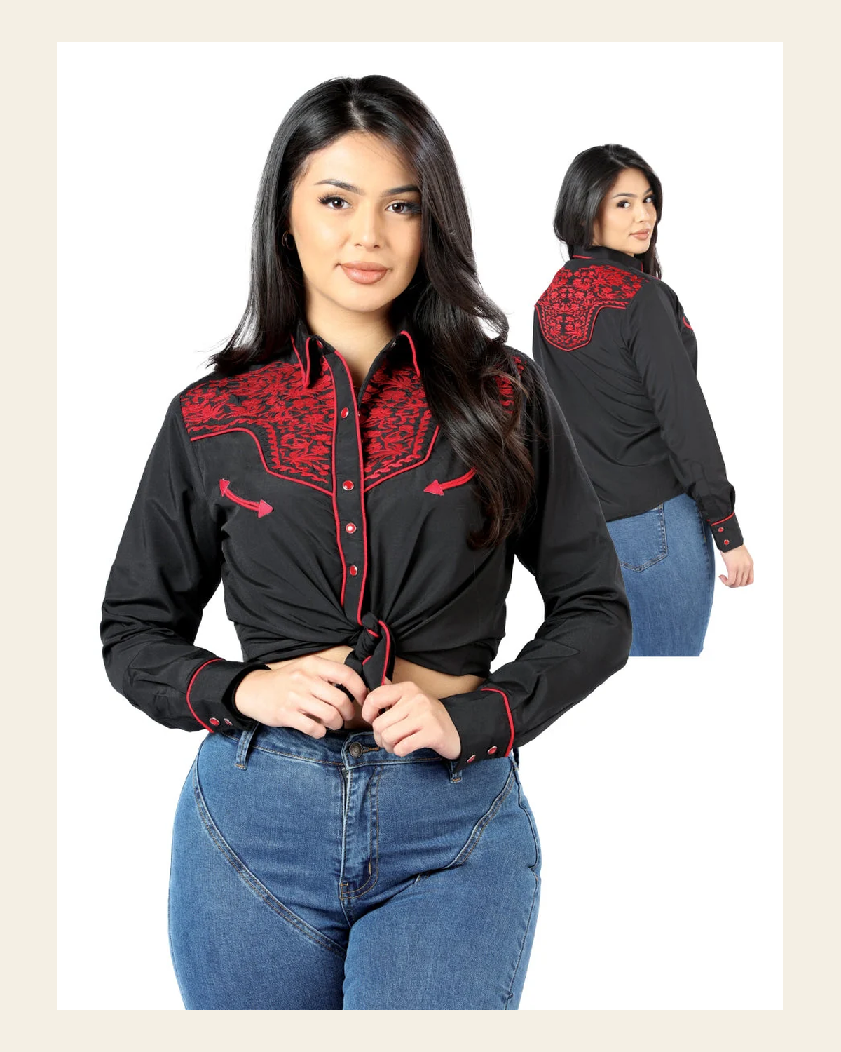Women's Traditional Embroidered Western Shirt - Black/Red 44186 on a warm cream background
